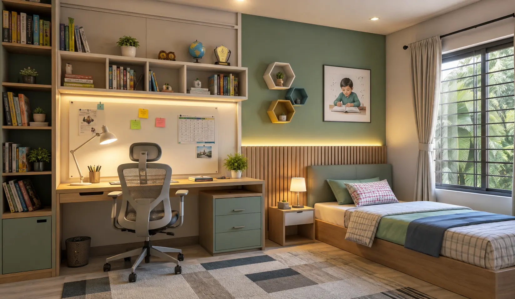 Study Focused Kids Room Design Bangladesh, Cozy modern study and bedroom space