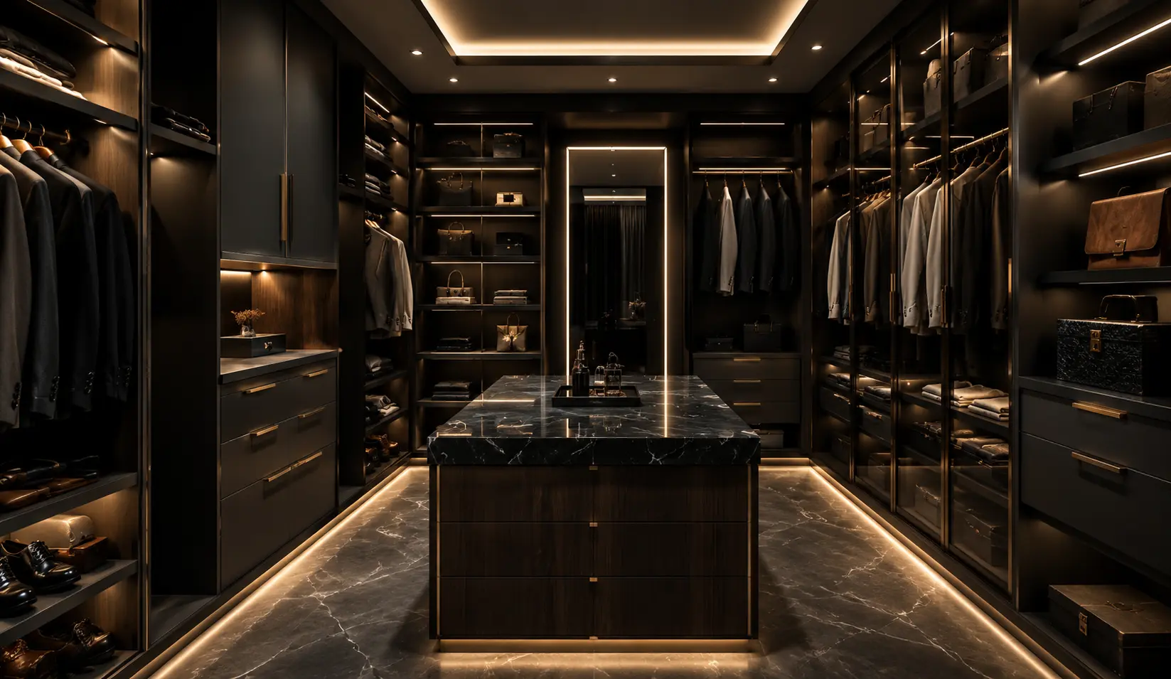 Contemporary Dark Luxury Walk-In Closet Design Dhaka Bangladesh
